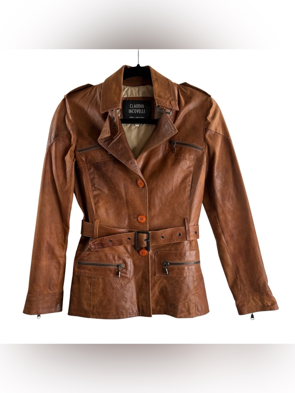 CLAUDIO IACOVELLI Cognac Leather Belted Retro Jacket